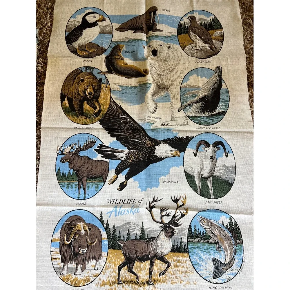 Vintage Stevens Linen Wildlife of Alaska Tea Towel Set 2pc Polar Bear Eagle USA